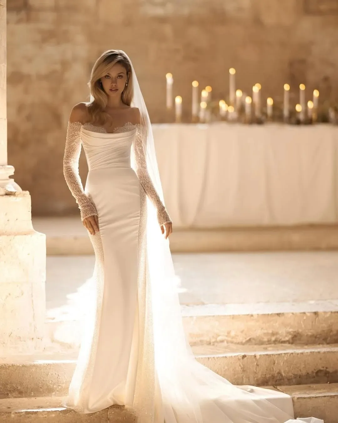 Satin Mermaid Dress with Fingertip Veil