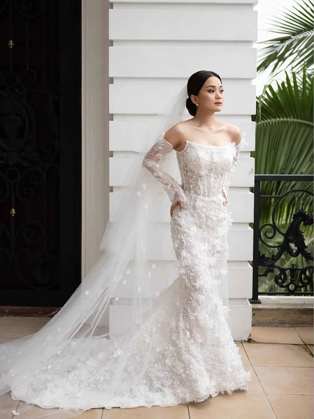 Off-Shoulder Mermaid with Sheer Veil