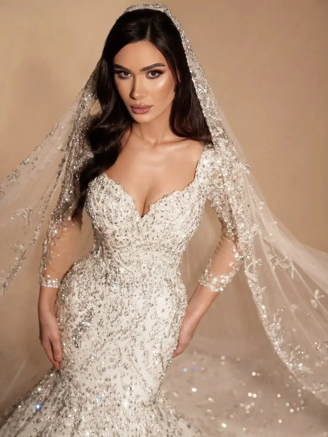 Beaded Mermaid Dress with Sparkle Veil