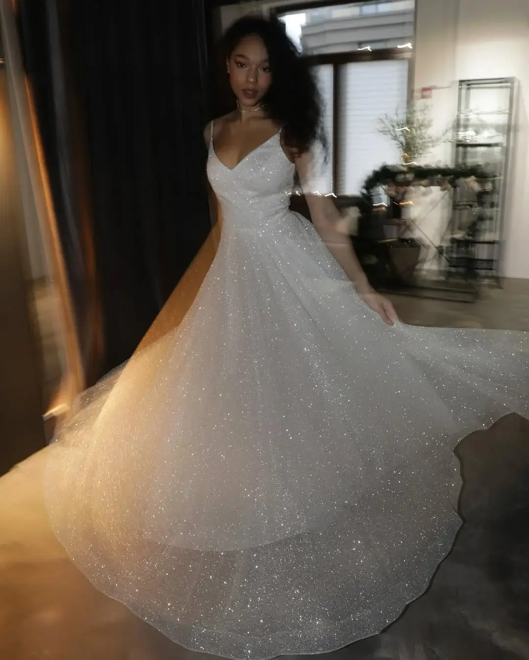 Glitter Tulle Mermaid Dress With Crystal Straps