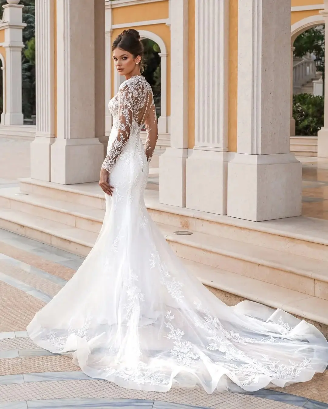 Mermaid Dress with Sheer Lace Sleeves