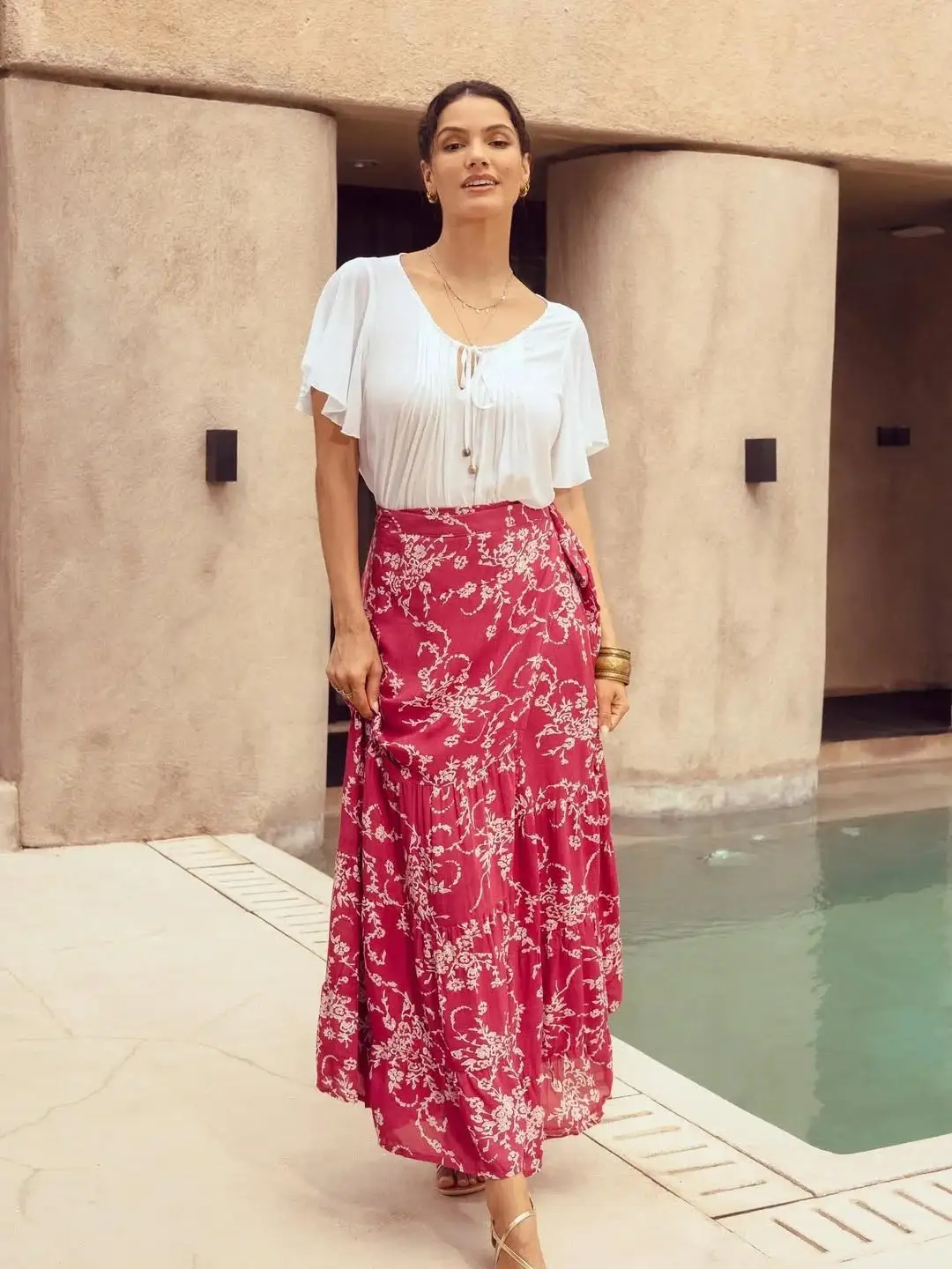 Floral Skirt and Elegant Blouse